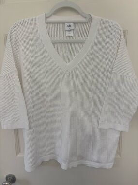 Cabi White V-Neck Mesh Knit Sweater